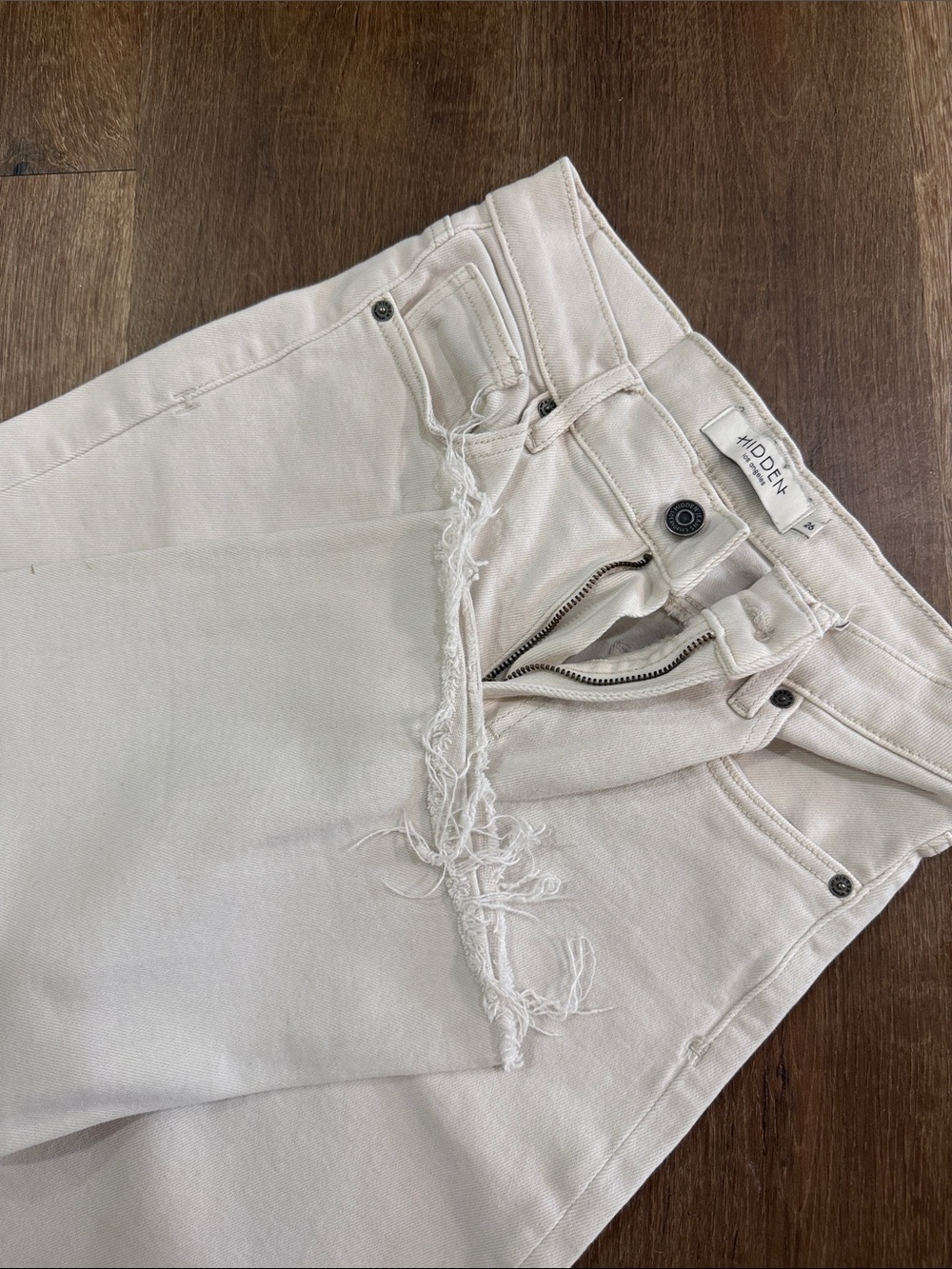 High-Rise Cream Jeans with Frayed Front Detail